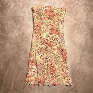 Vintage 90s Michael Taylor Paisley Strapless Midi Dress Yellow Tropical Summer